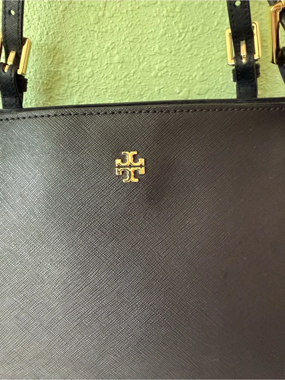 Tory Burch Black Leather Tote with Gold Logo and Buckles